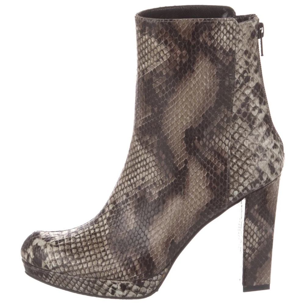 Stuart Weitzman Snake-Print Heeled Ankle Boots in Brown and Black